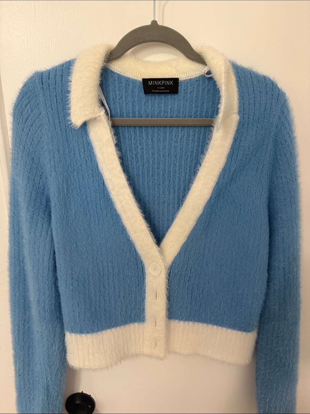 MINKPINK Sky Blue & Cream Fuzzy V‑Neck Cardigan
